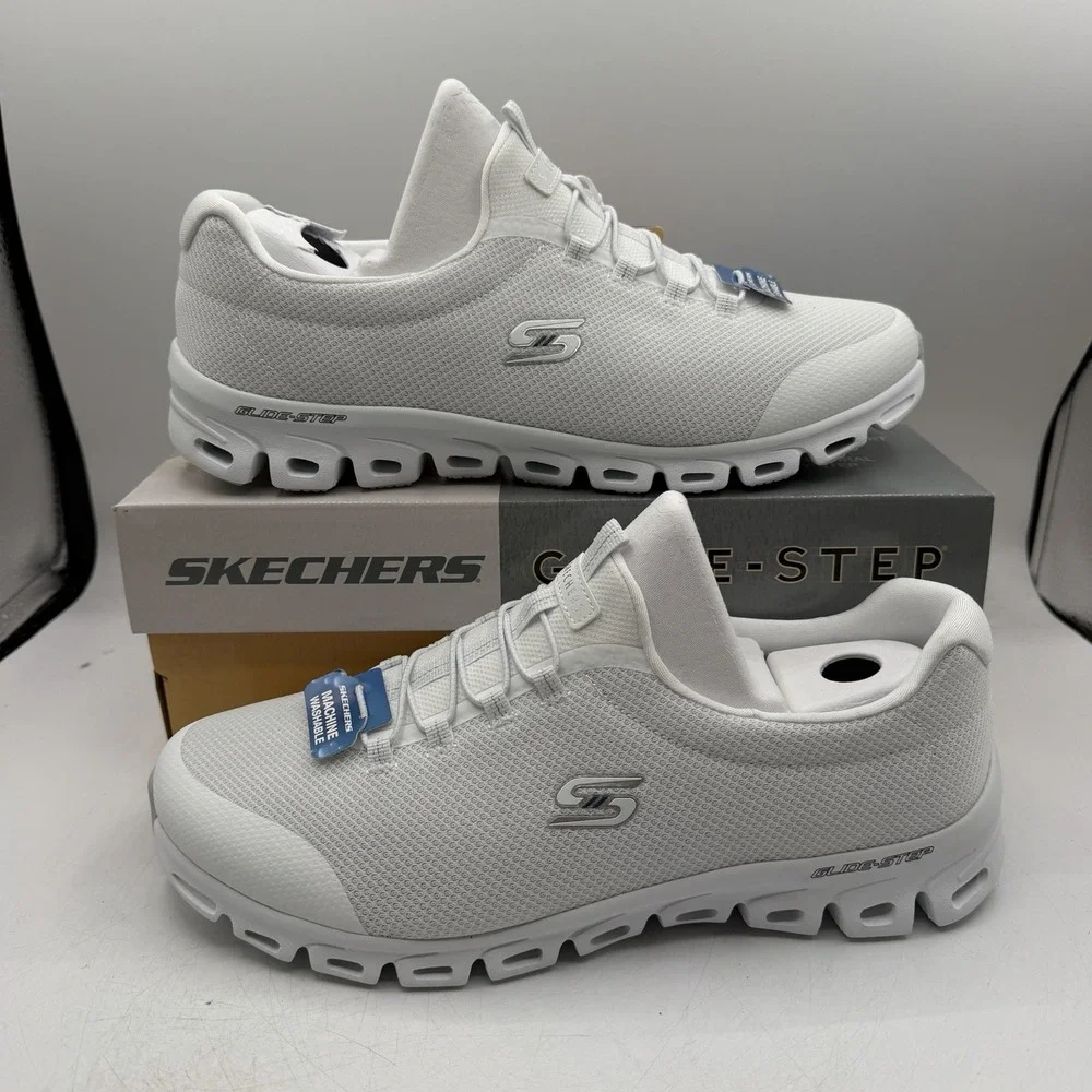Skechers Glide Step Glistened Shoes Womens Sz 11 W WIDE White Slip On Sneakers